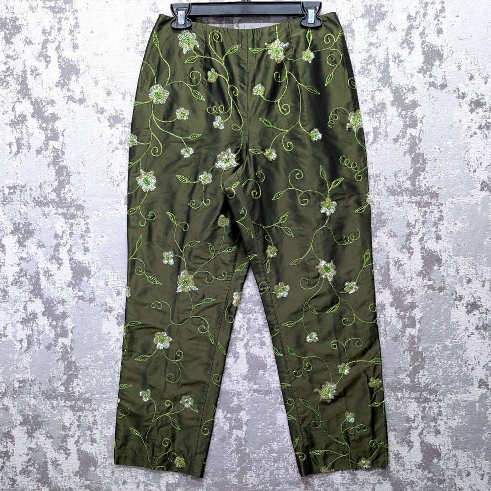 Embroidered Olive Green Floral Trousers
